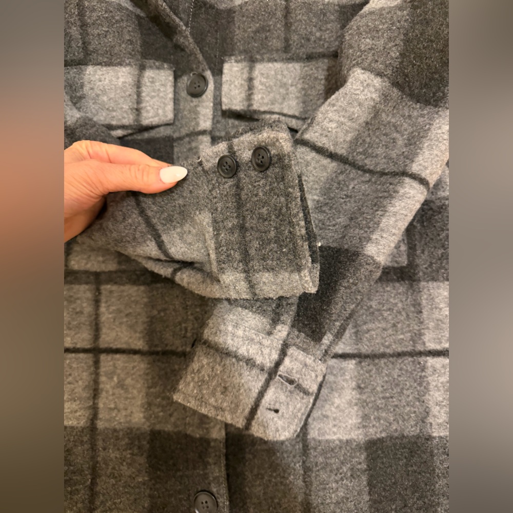 H&M Plaid Shacket Coat XS Gray Black Long Overshirt Jacket - Picture 9 of 12